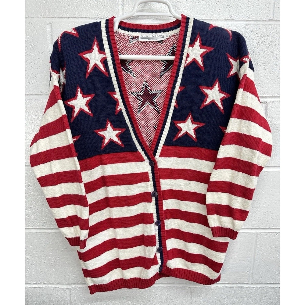 VTG Delia McKain Red White Blue Spangled Cardigan USA / Women's Large
